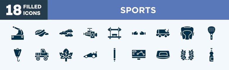 set of sports icons in filled style. sports editable glyph icons collection. handbrake, visor, apex, horsepower, bench press vector.