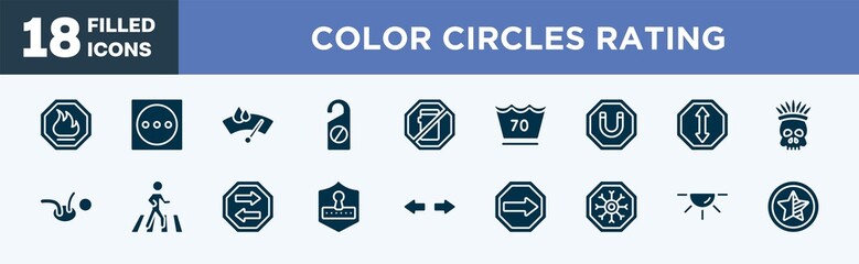 set of color circles rating icons in filled style. color circles rating editable glyph icons collection. fire warning, dry in high heat, winshield wiper, do not disturbe, no mobile phone vector.