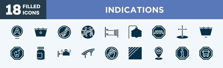 set of indications icons in filled style. indications editable glyph icons collection. any solvent with advice, cold wash, no diving, chasing prohibited, dormitory vector.