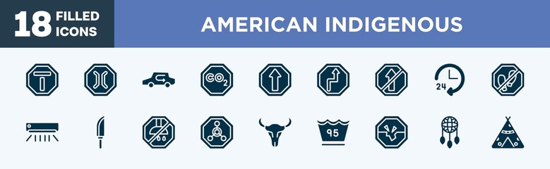 set of american indigenous icons in filled style. american indigenous editable glyph icons collection. end of way, narrow bridge, recirculation, co2, ahead only vector.