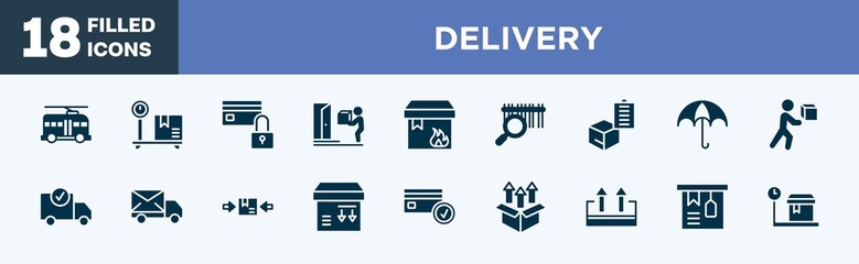 set of delivery icons in filled style. delivery editable glyph icons collection. trolleybuses, box on delivery scale, card blocked, on door flammable package vector.