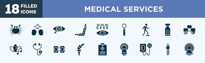 set of medical services icons in filled style. medical services editable glyph icons collection. seafood, conflict, eye exam, inhalator, eye test vector.