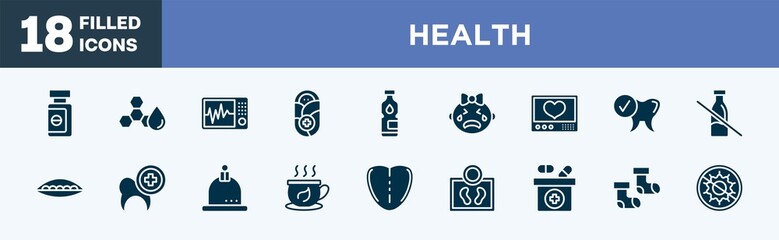 set of health icons in filled style. health editable glyph icons collection. sleeping pills, trans fat, icu, pediatrics, mineral water vector.