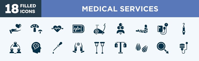 set of medical services icons in filled style. medical services editable glyph icons collection. medical care, fungi, cardiology, ekg monitor, stationary bike vector.