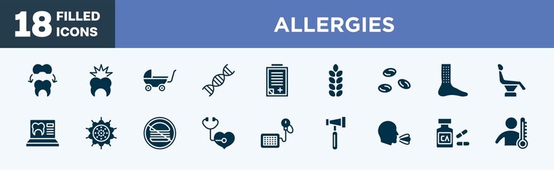 set of allergies icons in filled style. allergies editable glyph icons collection. dental crown, toothache, buggy, adn, admision form vector.