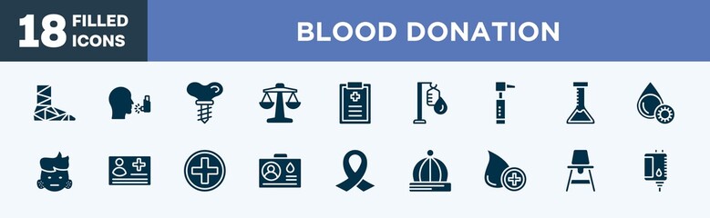 Fototapeta premium set of blood donation icons in filled style. blood donation editable glyph icons collection. cast, asthma, dental implant, weigh scale, medical prescription vector.
