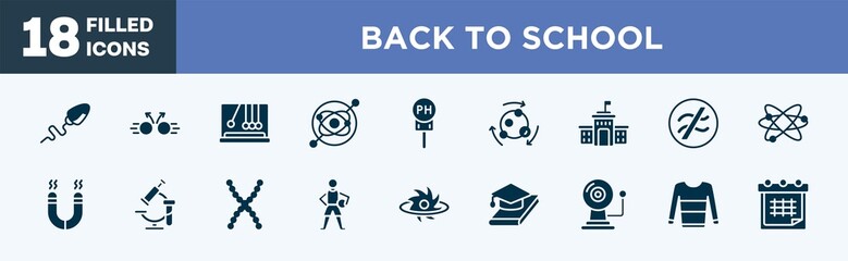 set of back to school icons in filled style. back to school editable glyph icons collection. sperm, collision, , gyroscope, ph vector.