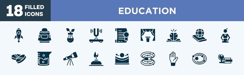set of education icons in filled style. education editable glyph icons collection. rocket launch, space capsule, botanic, tuning fork, degree vector.