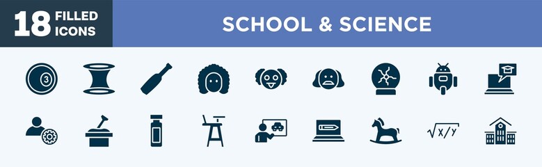set of school & science icons in filled style. school & science editable glyph icons collection. ball pool, wormhole, baseball bat, newton, professor vector.
