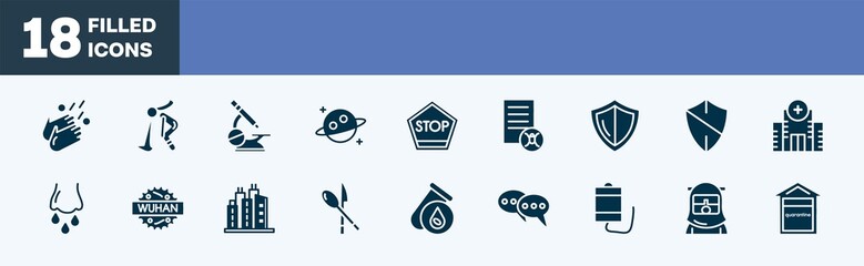 set of icons in filled style. editable glyph icons collection. washing hands, vomit, microscope, planet, stop vector.