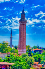 Old mosque minaret in Old town of Antalya, Turkey.