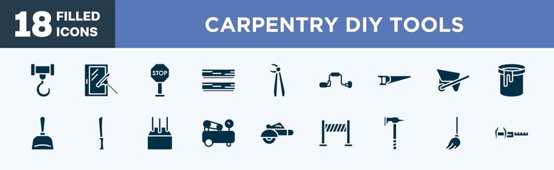 set of carpentry diy tools icons in filled style. carpentry diy tools editable glyph icons collection. crane hook, window cleaner, stopping, boards, forceps vector.