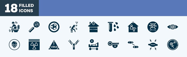 set of icons in filled style. editable glyph icons collection. diarrhea, disease, epidemic, weak, stay at home vector.