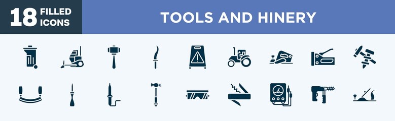 set of tools and hinery icons in filled style. tools and hinery editable glyph icons collection. dumpster, bulldozing, big hammer, kirpan, wet floor vector.
