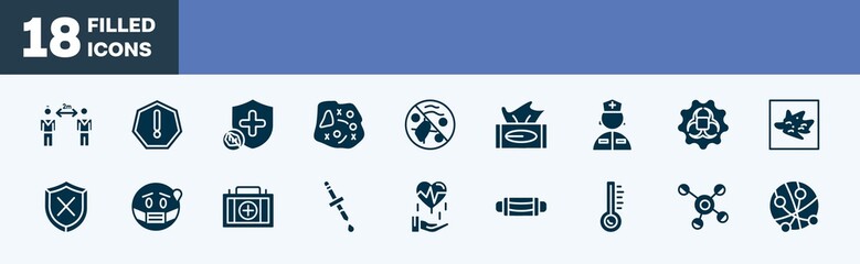 set of icons in filled style. editable glyph icons collection. keep distance, precaution, immune, microorganism, antibacterial vector.