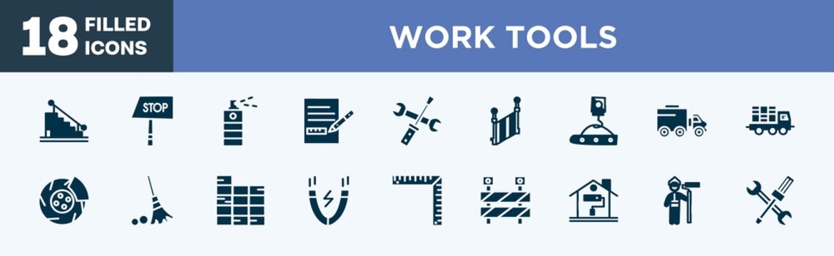 set of work tools icons in filled style. work tools editable glyph icons collection. stairs with handle, stop hand drawn, paint spray can, measures plan, screwdriver and doble wrench vector.