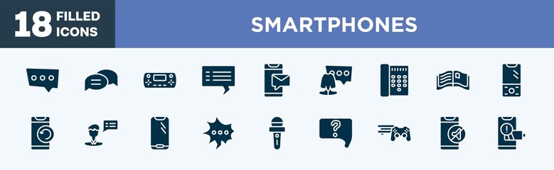 set of smartphones icons in filled style. smartphones editable glyph icons collection. three dots ellipsis, chat bubble with lines, handheld game console, blank speech bubble, message on phone vector.