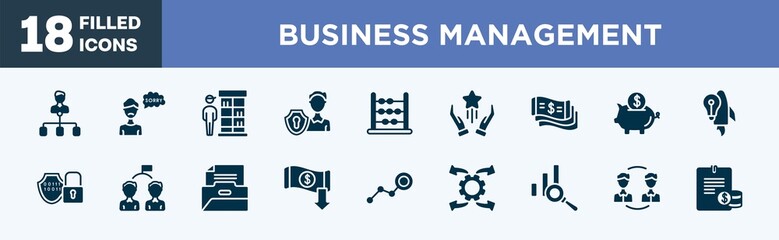 set of business management icons in filled style. business management editable glyph icons collection. hierarchical structure, apology, retailer, personal security, abacus vector.