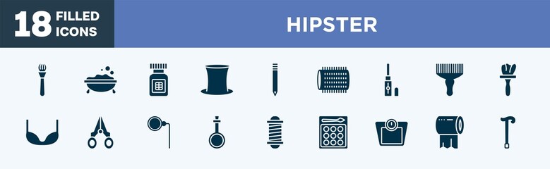 set of hipster icons in filled style. hipster editable glyph icons collection. make, foam, proteins, tall hat, eyebrow pencil vector.