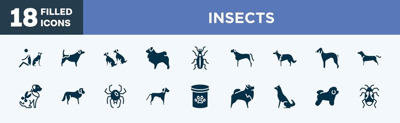 set of insects icons in filled style. insects editable glyph icons collection. dog and man seating, jack russel terrier, dogs, tibetan mastiff, golden ground beetle vector.