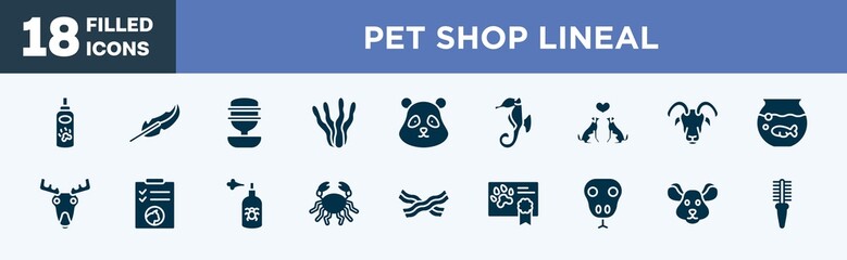 set of pet shop lineal icons in filled style. pet shop lineal editable glyph icons collection. pet lotion, feathers, water replenisher, aae, panda bear head vector.