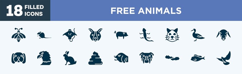 set of free animals icons in filled style. free animals editable glyph icons collection. big bee, sitting mouse, stingray with long tail, dog face, pig with round tail vector.