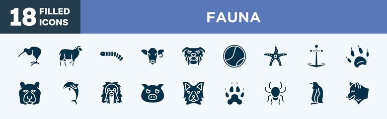 set of fauna icons in filled style. fauna editable glyph icons collection. kiwi eating, black sheep, silkworm, cow head, angry bulldog face vector.