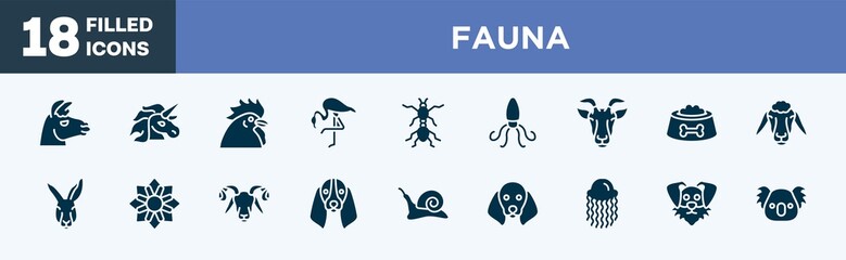 set of fauna icons in filled style. fauna editable glyph icons collection. lama head, unicorn, chiken head, flamingo with leg up, red ant vector.