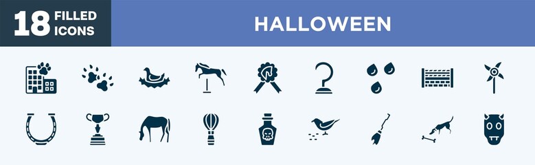 set of halloween icons in filled style. halloween editable glyph icons collection. hotel building, dog paw, bird in nest, horse jumping, horse race recognition ribbon vector.