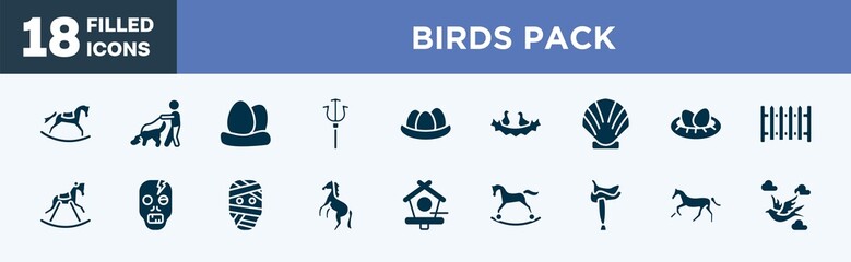 set of birds pack icons in filled style. birds pack editable glyph icons collection. rocker horse, dog and a man, egg, trident, egg in a nest vector.