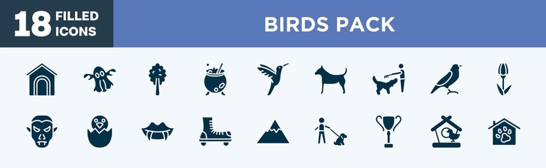 set of birds pack icons in filled style. birds pack editable glyph icons collection. dog and pets house, ghost, plain tree, cauldron, hummingbird vector.