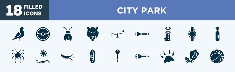 set of city park icons in filled style. city park editable glyph icons collection. pigeon, steering wheel, cicada, panther, seesaw vector.