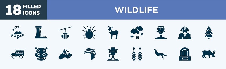 set of wildlife icons in filled style. wildlife editable glyph icons collection. hibernation, boot, cable car cabin, mite, reindeer vector.