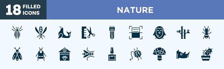 set of nature icons in filled style. nature editable glyph icons collection. louse, winged insect, seal, groomer, hair clipper vector.