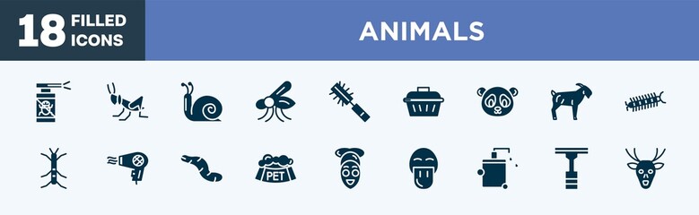 set of animals icons in filled style. animals editable glyph icons collection. anti flea, grasshopper, snail, mosquito, pet brush vector.