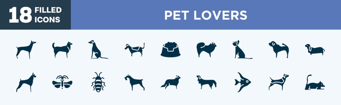 set of pet lovers icons in filled style. pet lovers editable glyph icons collection. doberman, husky, pointer dog, jack russell terrier, pet dish vector.