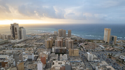 December 30, 2021: Capital of Libya, Tripoli seafront skyline view. - obrazy, fototapety, plakaty