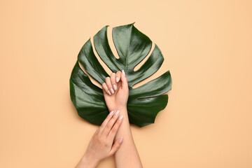Female hands with beautiful manicure and monstera leaf on color background - obrazy, fototapety, plakaty