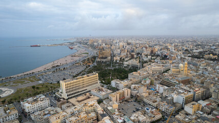 December 30, 2021: Capital of Libya, Tripoli seafront skyline view.