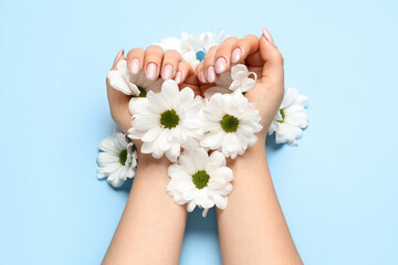 Obraz na płótnie Canvas Female hands with beautiful manicure and daisy flowers on blue background