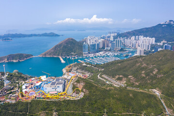 Aerial view of Ocean Park and  Aberdeen, the theme park in Hong Kong
