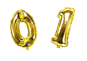 Set of watercolor golden foil balloons in shape of ten numerals . Hand drawn party stuff, decorative elements, isolated on white