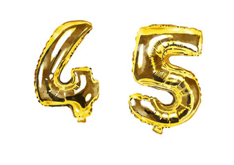 Set of watercolor golden foil balloons in shape of ten numerals . Hand drawn party stuff, decorative elements, isolated on white
