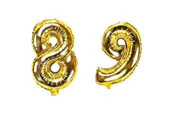 Set of watercolor golden foil balloons in shape of ten numerals . Hand drawn party stuff, decorative elements, isolated on white