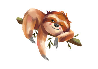 Hand painted watercolor illustration of a tropical cute animal sloth, isolated on white background.