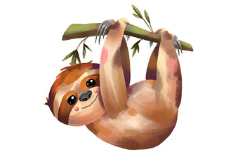 Hand painted watercolor illustration of a tropical cute animal sloth, isolated on white background.