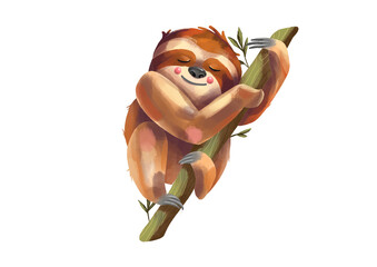 Hand painted watercolor illustration of a tropical cute animal sloth, isolated on white background.