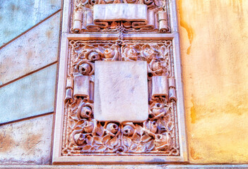 Ornamental decoration at facade of public building in Stockholm, Sweden.