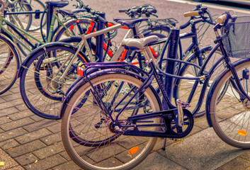  Bicycles parked at street in Stockholm, Sweden.