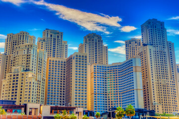 Modern business buildings in Dubai, UAE.